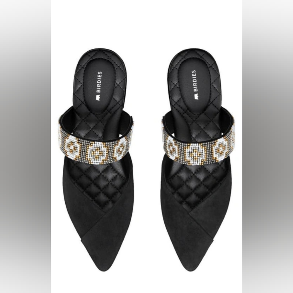 Birdies 'The Swan' Beaded Mules Pointed Toe Suede Black Gold Women's Size 7.5
